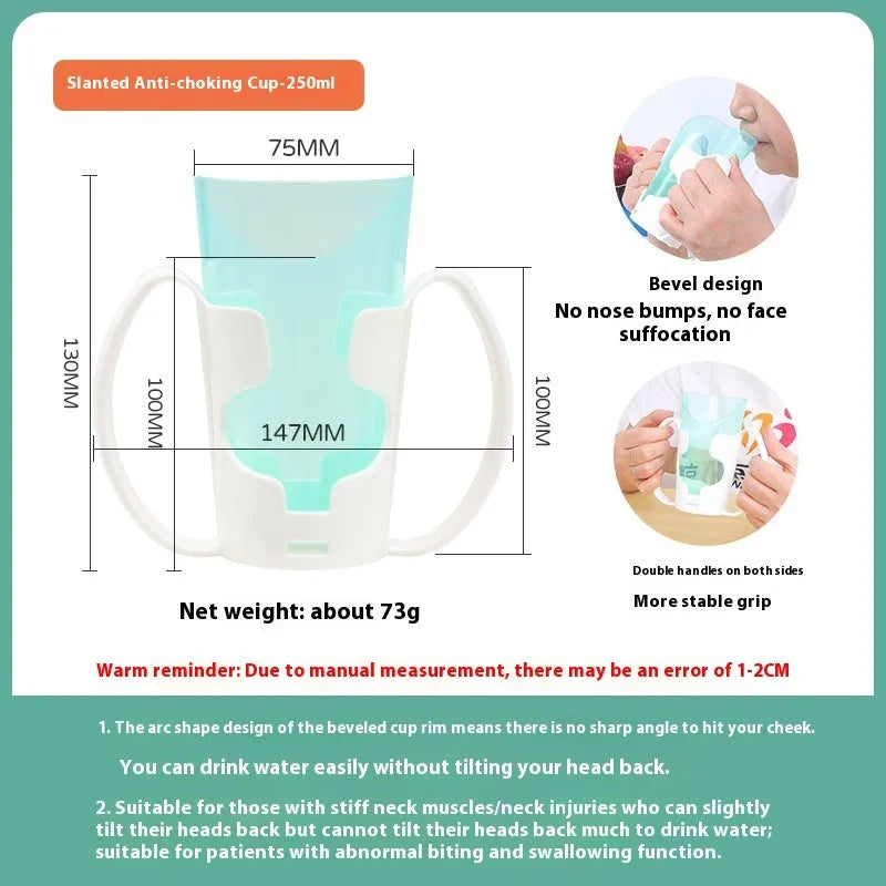 Adult anti-choke care cup with slanted spout, handle and lid in PP material