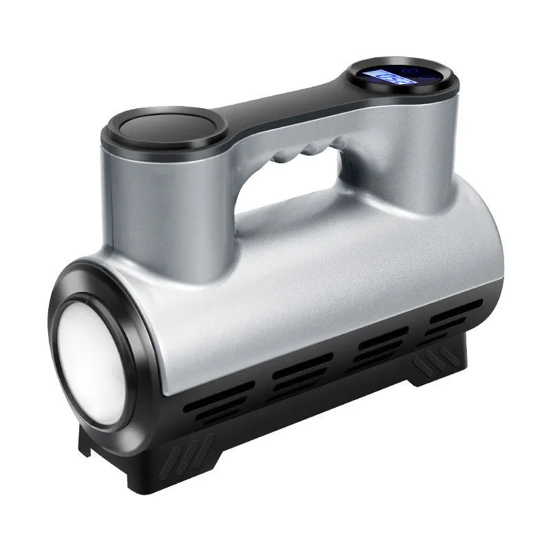 12V portable car air pump with digital display and three air nozzles on black ABS housing