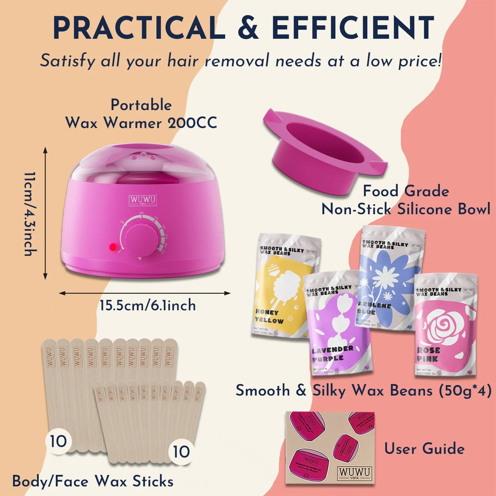 27-piece hair removal waxing kit showing coloured wax beads, wax sticks and electric warmer machine