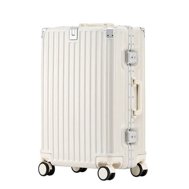 Hard-shell aluminium frame suitcase in avocado green with USB port and universal wheels.