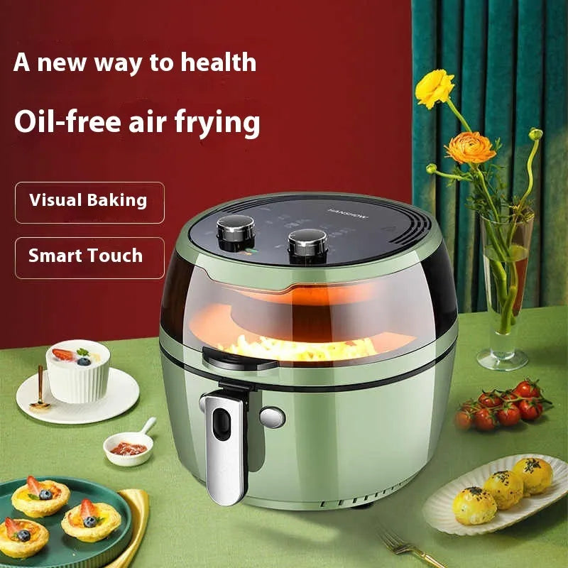 Silver 8-litre air fryer oven with mechanical buttons and a visible viewing window on the front.