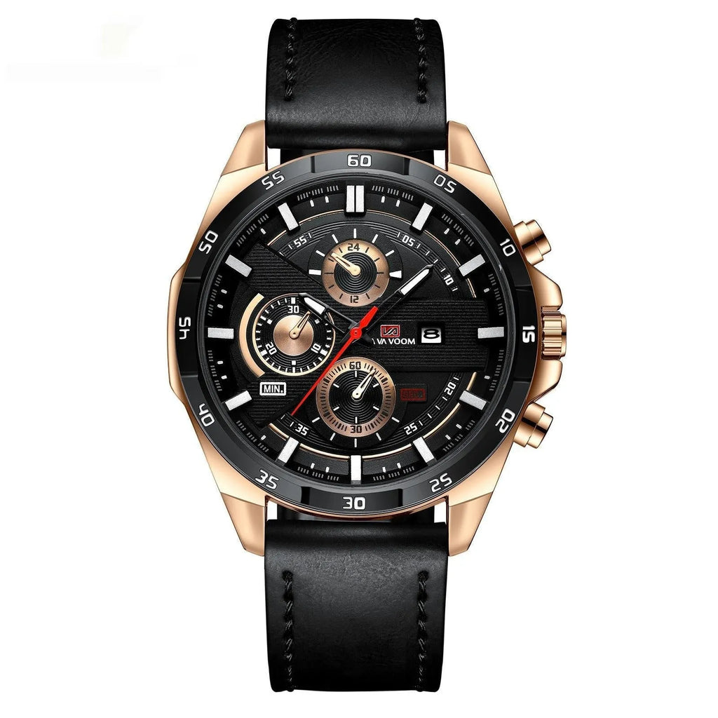 Men's waterproof quartz watch with calendar display in various colour combinations including black and brown belt options