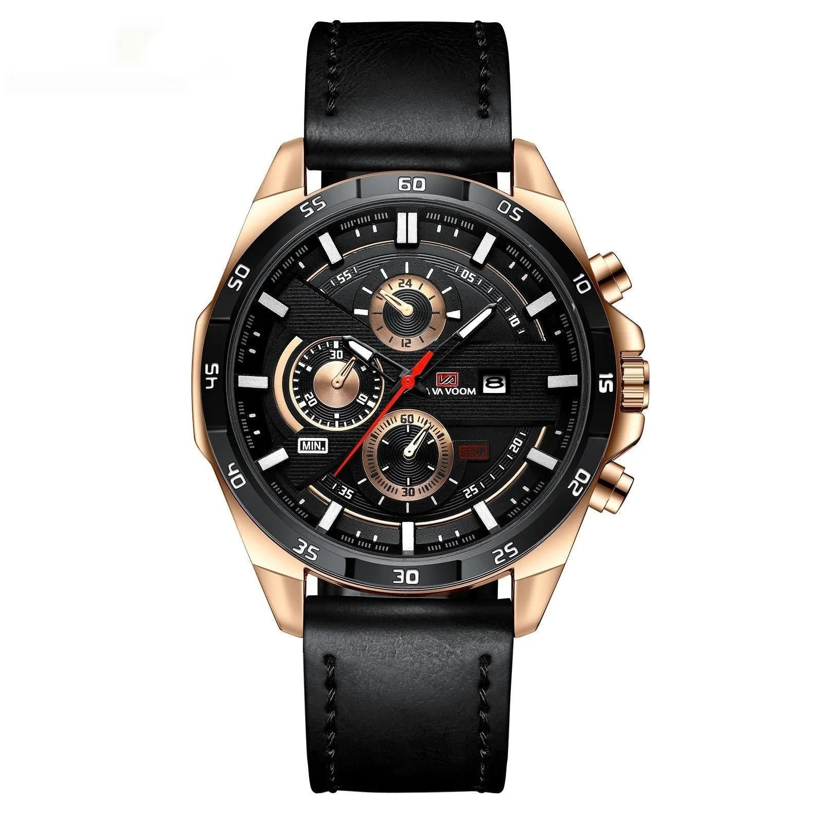 Men's waterproof quartz watch with calendar display in various colour combinations including black and brown belt options