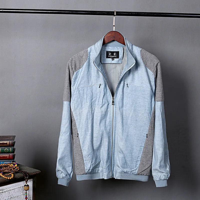 Men's regular fit cotton linen jacket in heather grey showing front design with colour-matched pattern