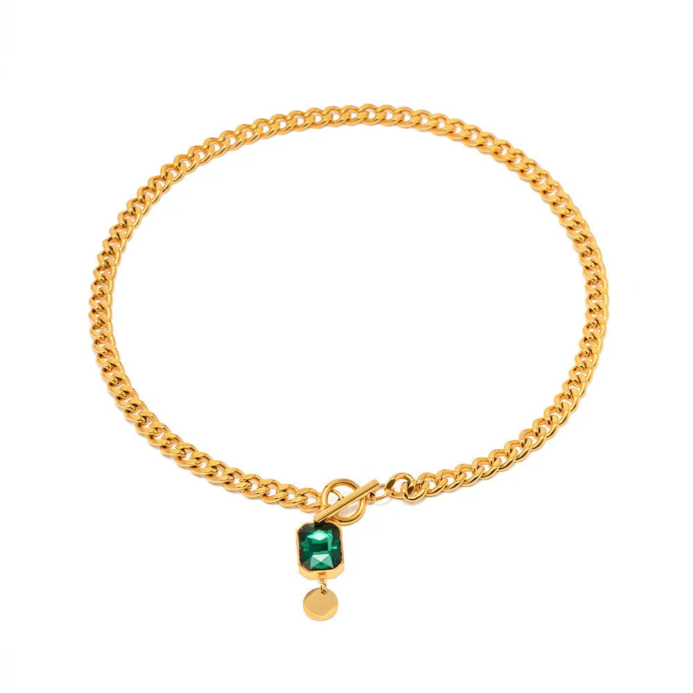 Gold plated titanium steel necklace with emerald zircon geometric round pendant on Cuban link chain