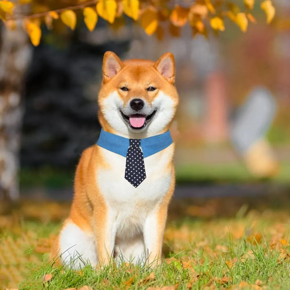 Denim dog collar with star pattern necktie adjustable for formal pet events