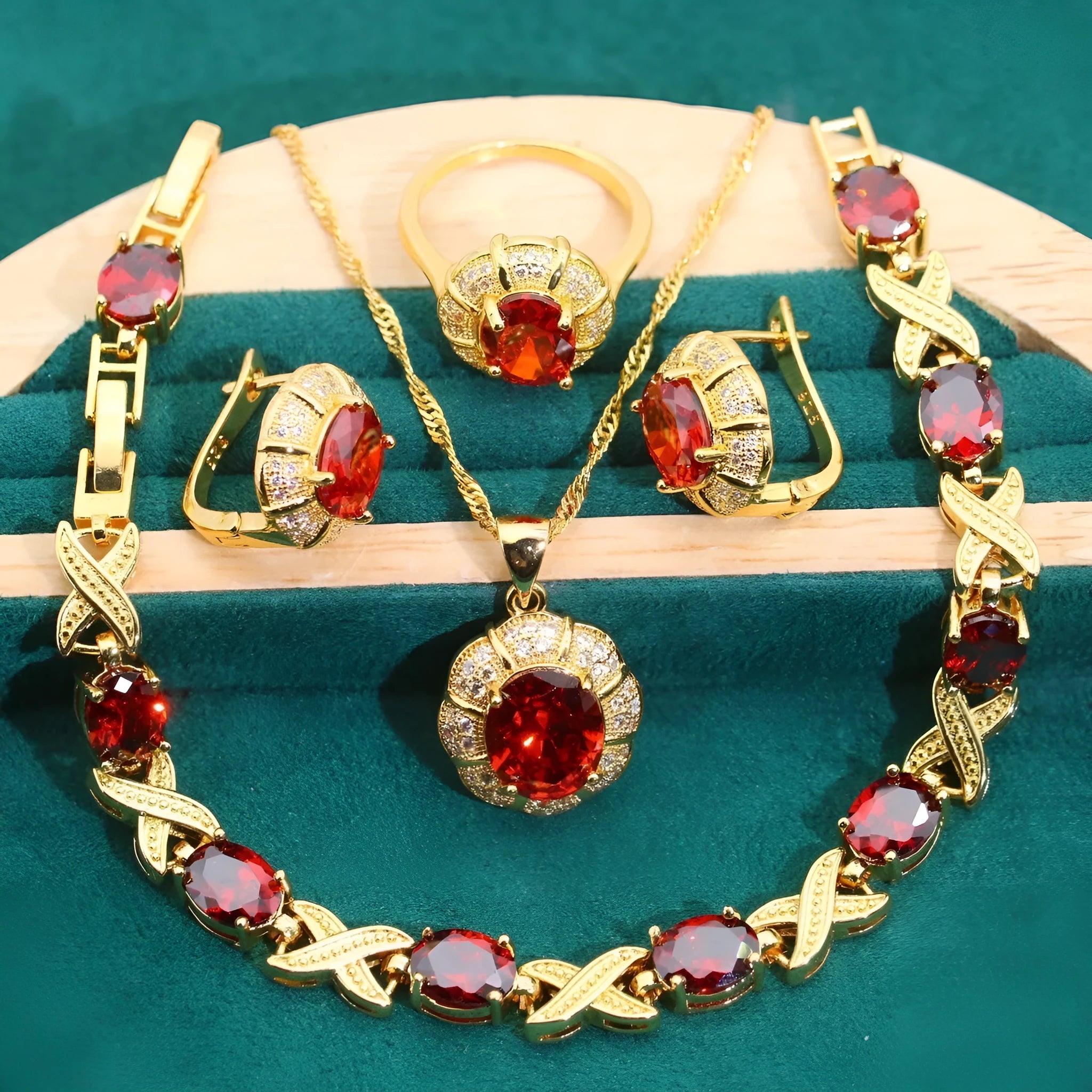 18k gold plated jewellery set with ring, earrings, bracelet and necklace featuring coloured zircon stones.