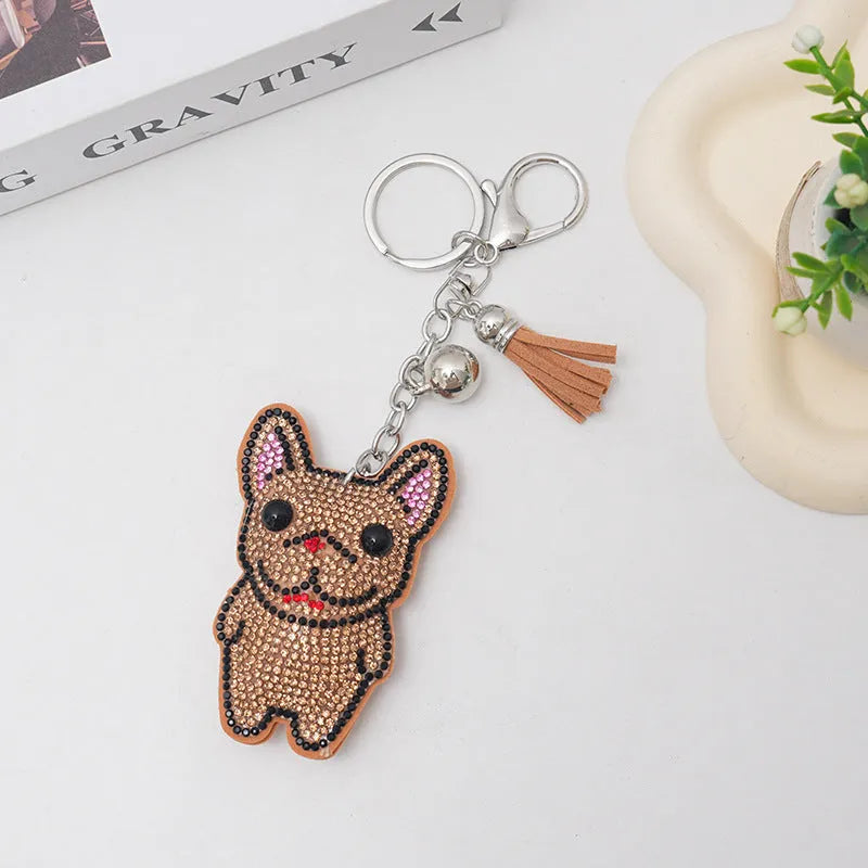 French dog cartoon rhinestone keychain pendant in choice of four colours with alloy electroplated finish