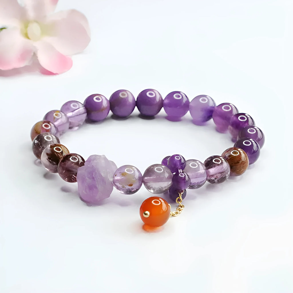 Natural nine purple crystal bracelet with amethyst beads and red agate stones in Mori style design