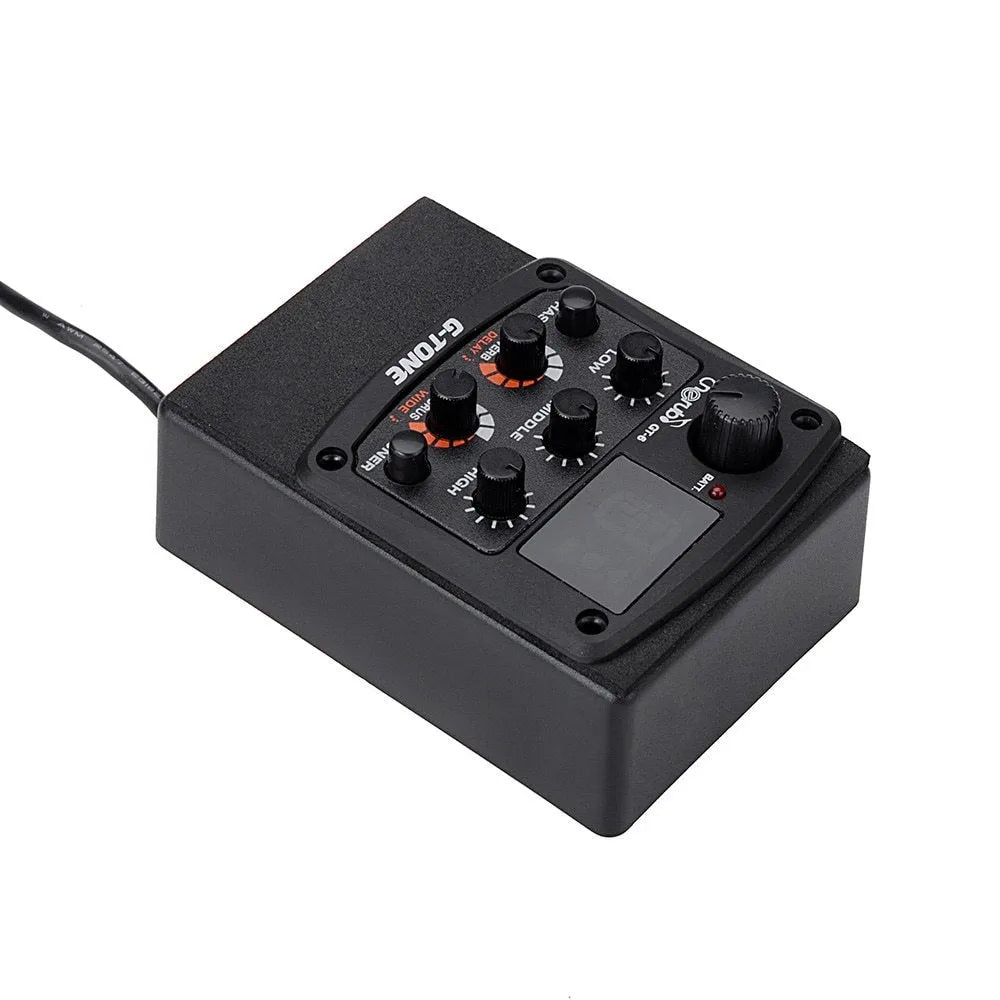 Cherub GT-6 black acoustic guitar EQ unit with piezo pickup and rotary controls for 3-band equaliser and effects