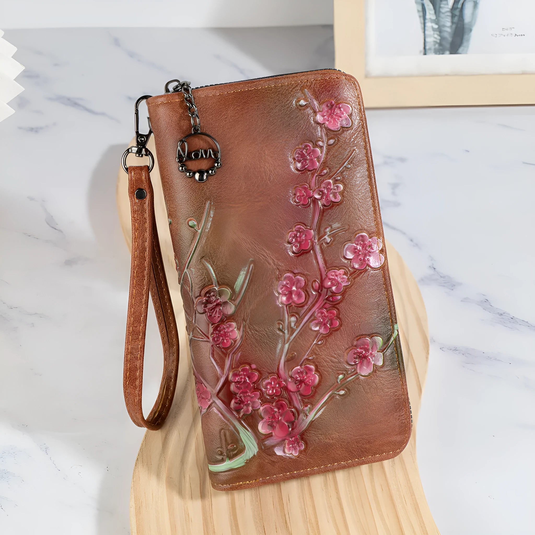 Chinese style embossed floral handbag with hand-painted detailing in black, brown or coffee colour