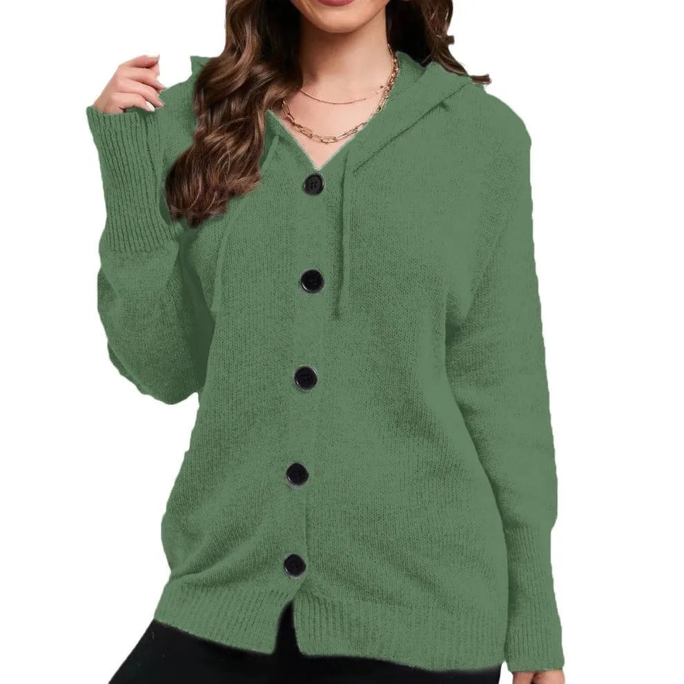 Women's solid colour hooded cardigan sweater in thick cotton fabric with loose fit