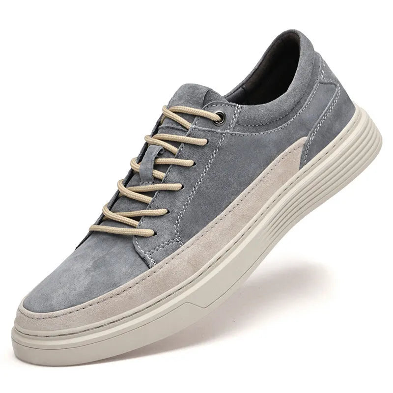 Men's grey and sand coloured casual leather skate shoes with pigskin upper and rubber sole