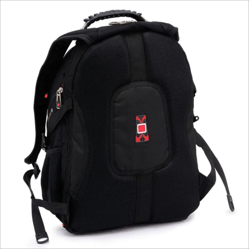 Black business computer backpack with three compartments open, showing laptop sleeve and organiser pockets