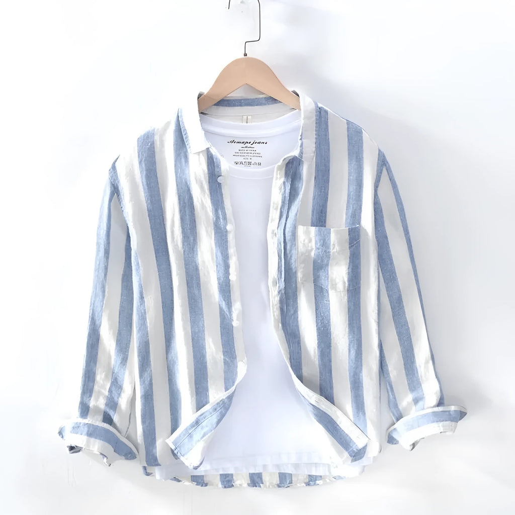 Hong Kong style loose fit men's long sleeve shirt in blue, featuring a fleece lining and lightweight polyester fabric.
