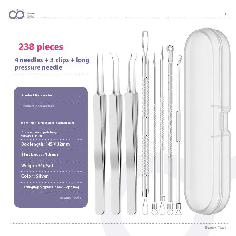 Four silver metal acne needles with ultra-fine pointed tips for skincare treatment.
