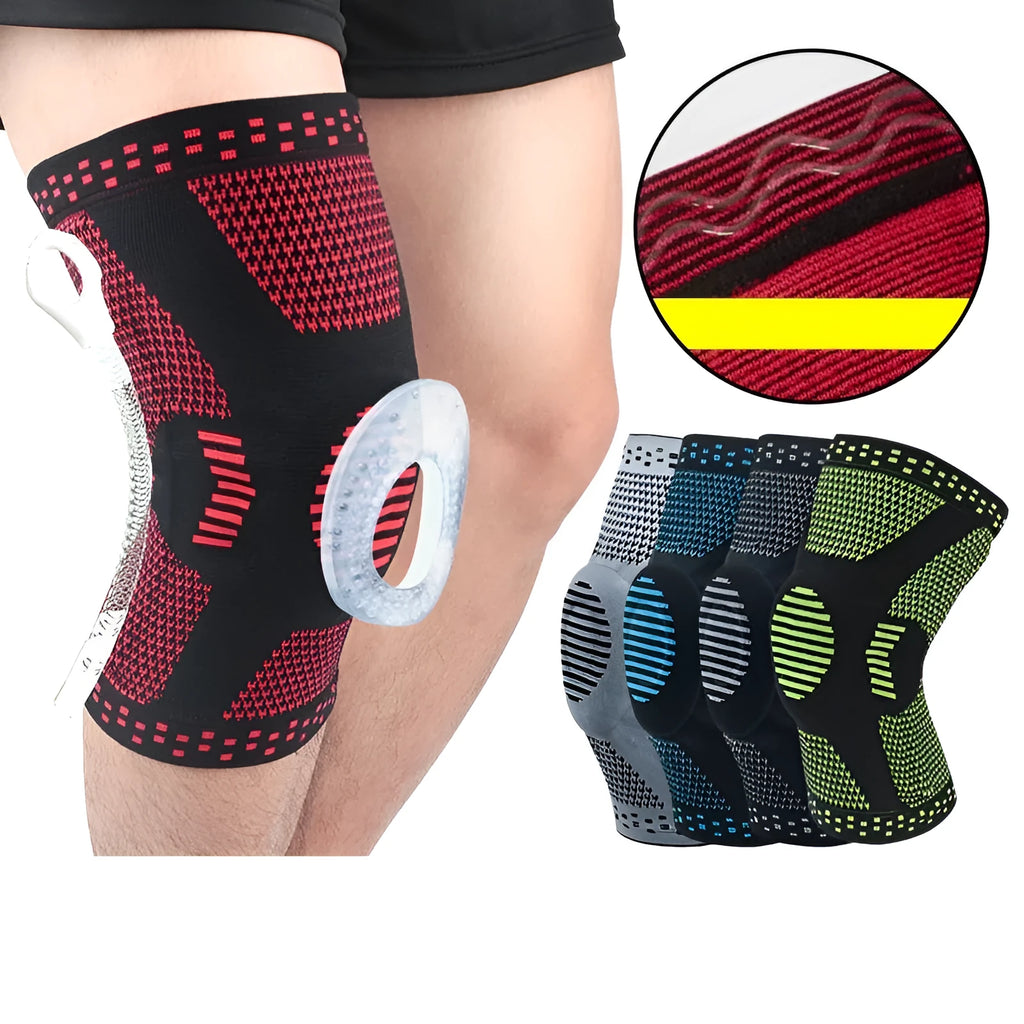 Knee patella protector brace with silicone knee cushion and side springs, adult sports knee pad in black and grey
