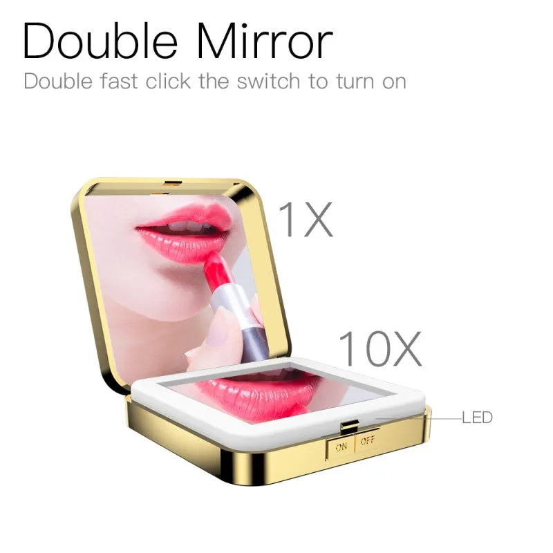 Black and white dual-sided makeup mirror with 4x magnification and HD sides, showing adjustable light settings.