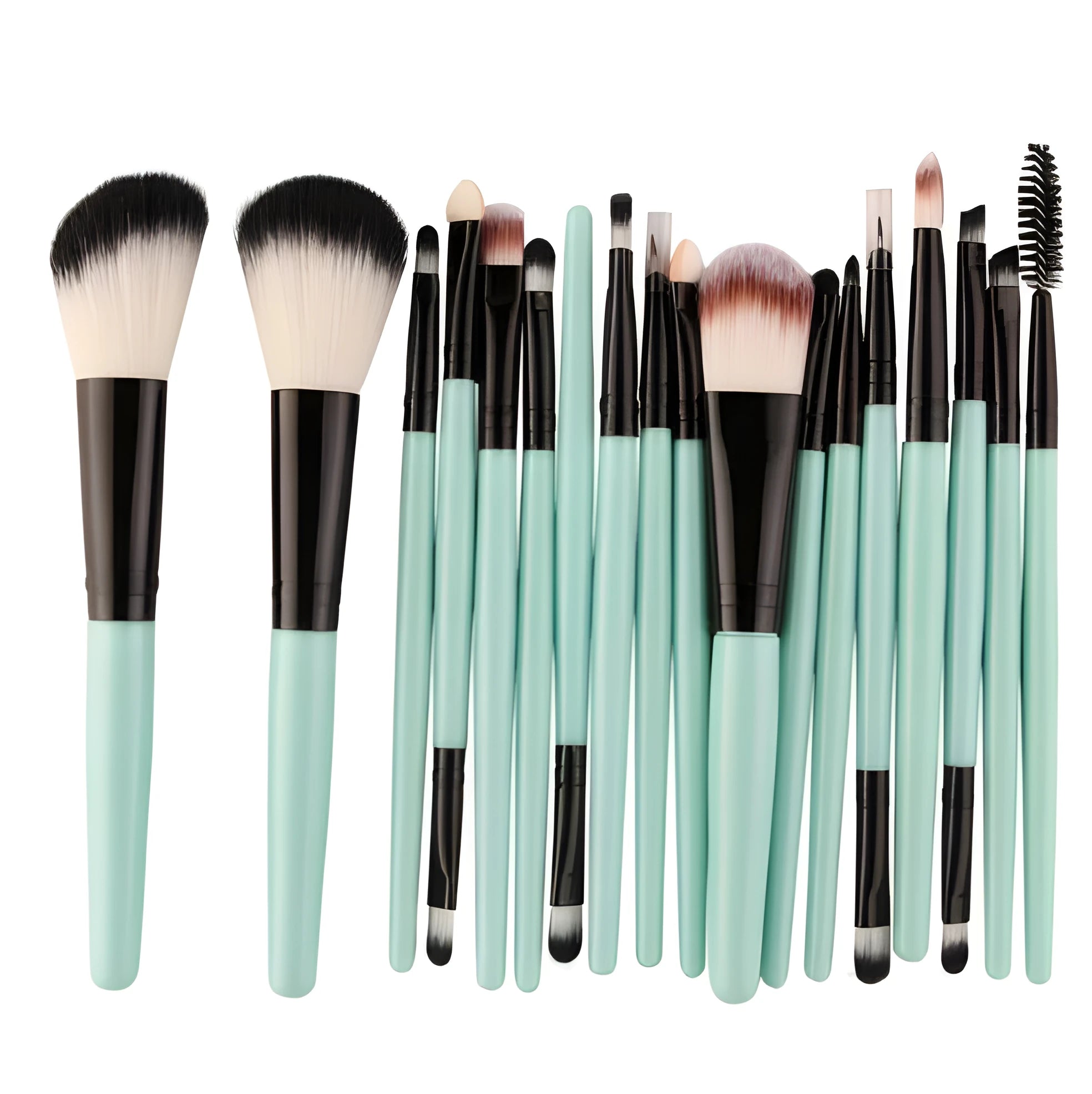 18-piece makeup brush set showing various brush types including fan-shaped brushes for contouring