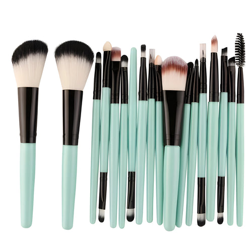 18-piece makeup brush set showing various brush types including fan-shaped brushes for contouring