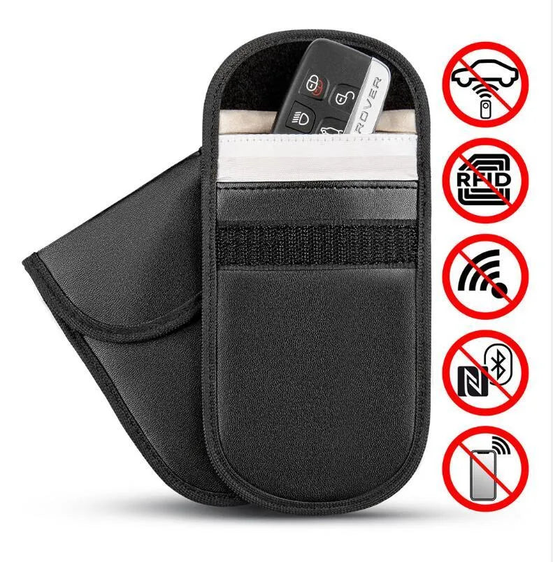 Black microfiber Faraday pouch for car key fobs and RFID cards, measuring 13.5 cm.