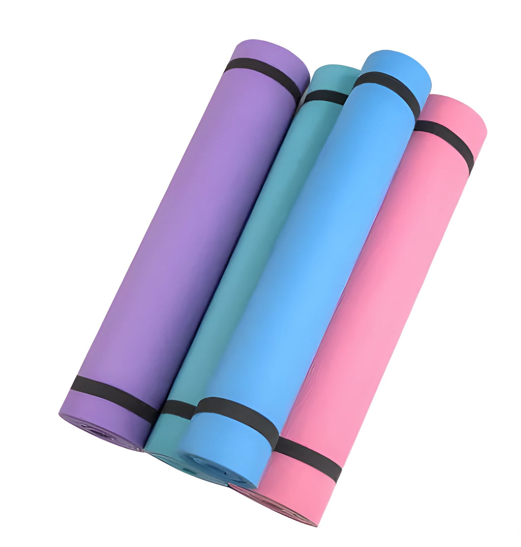 Red EVA fitness yoga mat showing texture and thickness, rolled partially with carry bag.