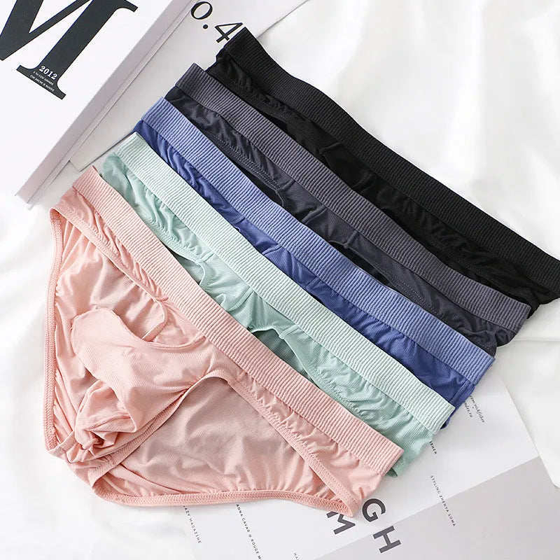 Men's ice silk low waist briefs in black, grey, light green, pink, and purplish blue colours