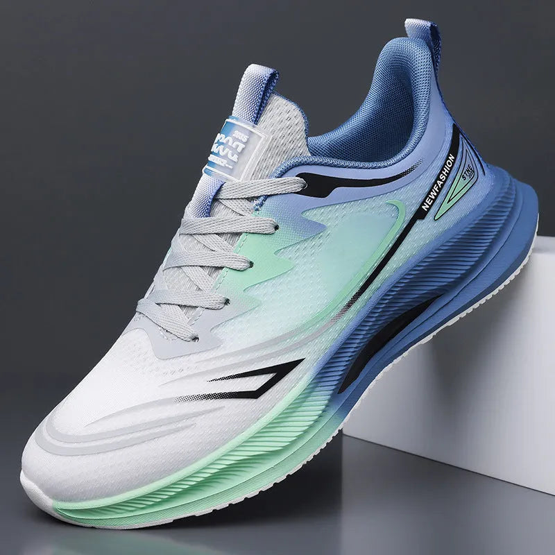 Men's black fly woven mesh casual shoes with round toe and rubber sole on a white background.