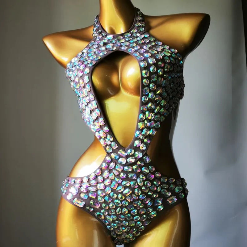 One-piece mesh diamond swimsuit in black, light green, army green, or brown with polyester lining