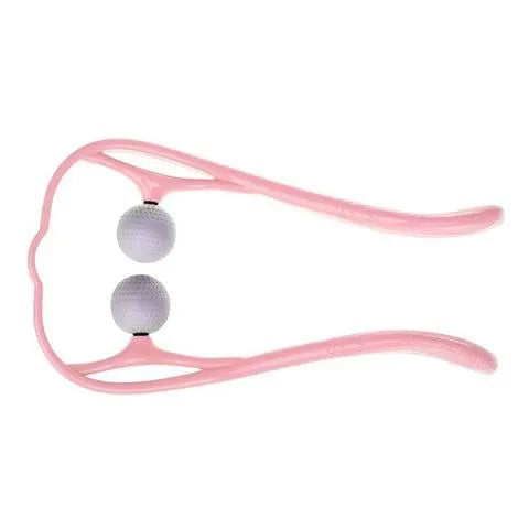 Blue plastic hand roller neck massager with adjustable stand and removable massage heads on a white background