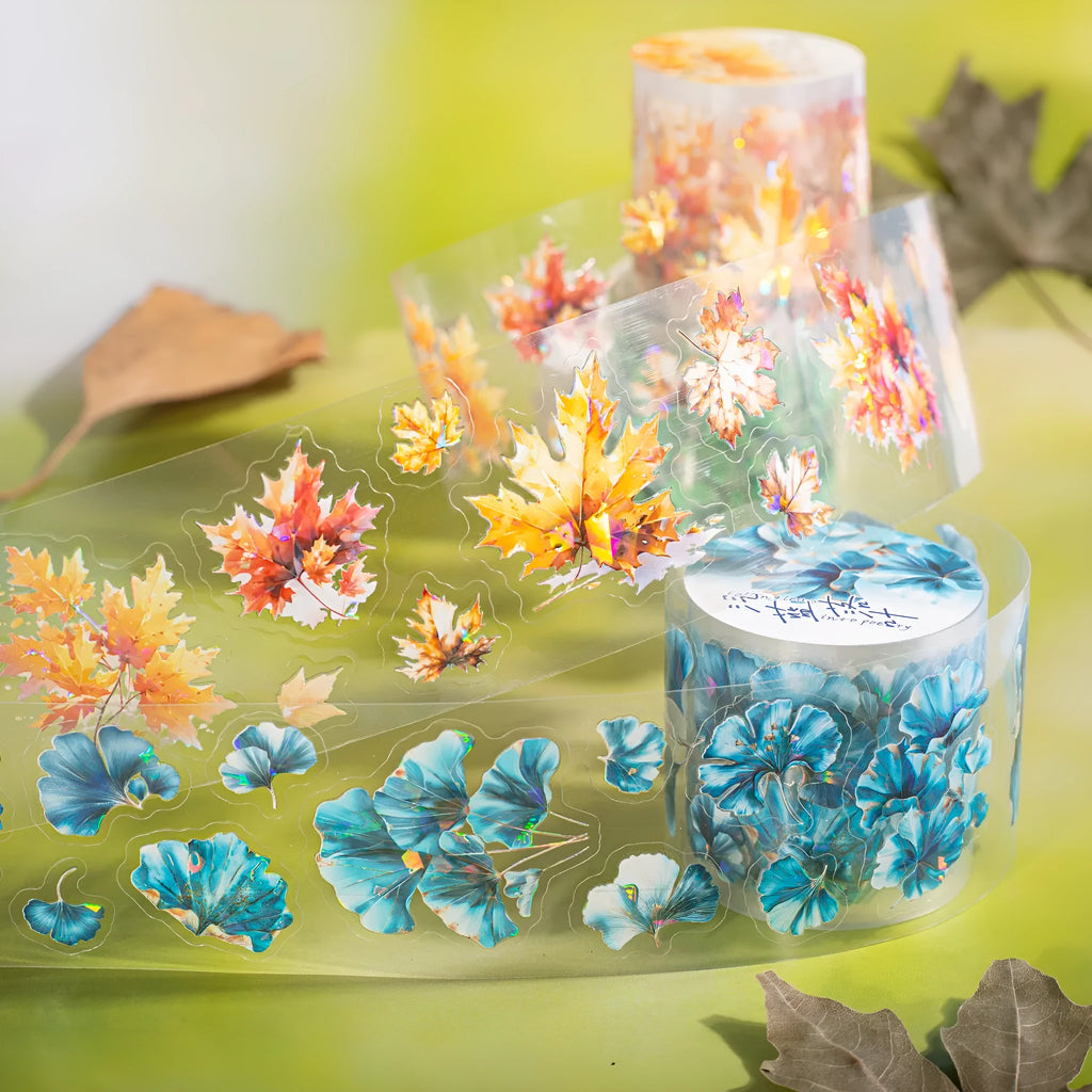Six rolls of nature-themed decorative stickers showing gentle ginkgo, maple leaf, and blue fallen leaves colour variations