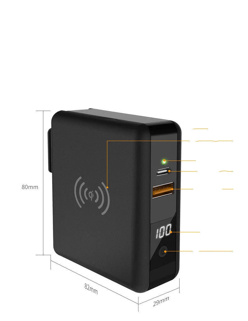 Super QI wireless charging power bank with folding AC plug in black or white colour