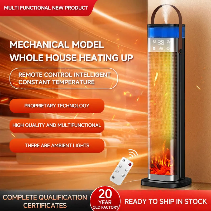 Tall, slim vertical heater with humidifier and remote control on a wooden floor.