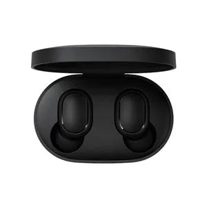 Redmi AirDots 2 black true wireless earbuds with charging case on a white background.