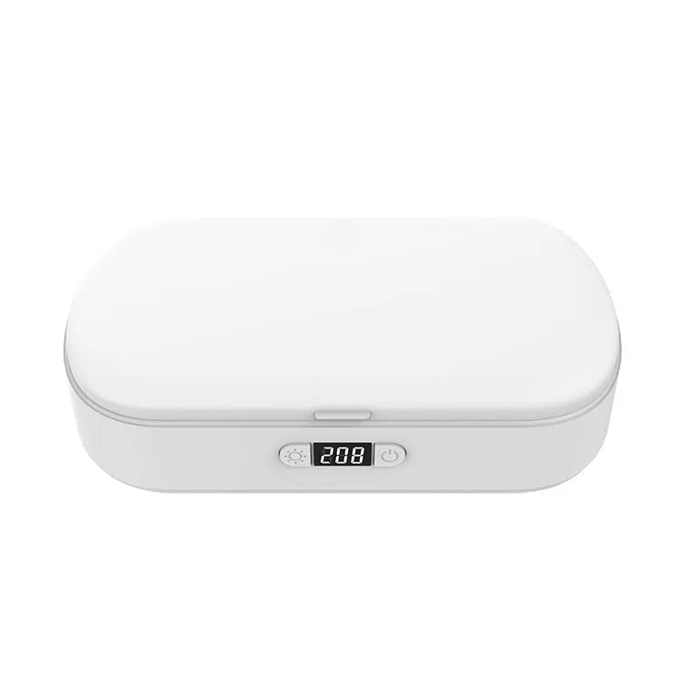 White UV sterilizer box with wireless charging function for phones and personal items