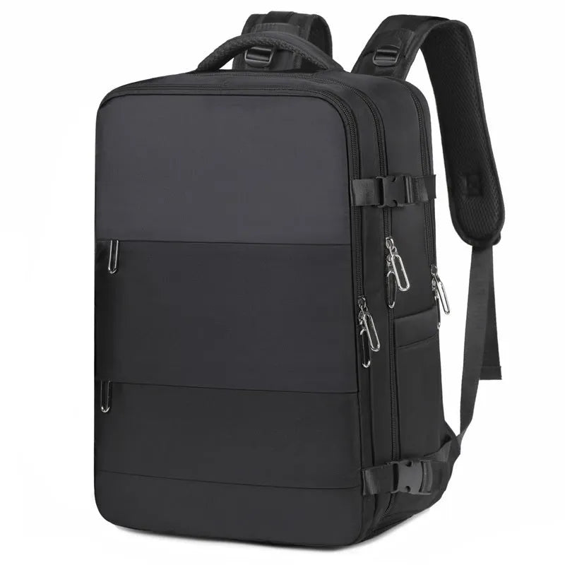 Large purple travel backpack with multiple compartments and air pillow belt system