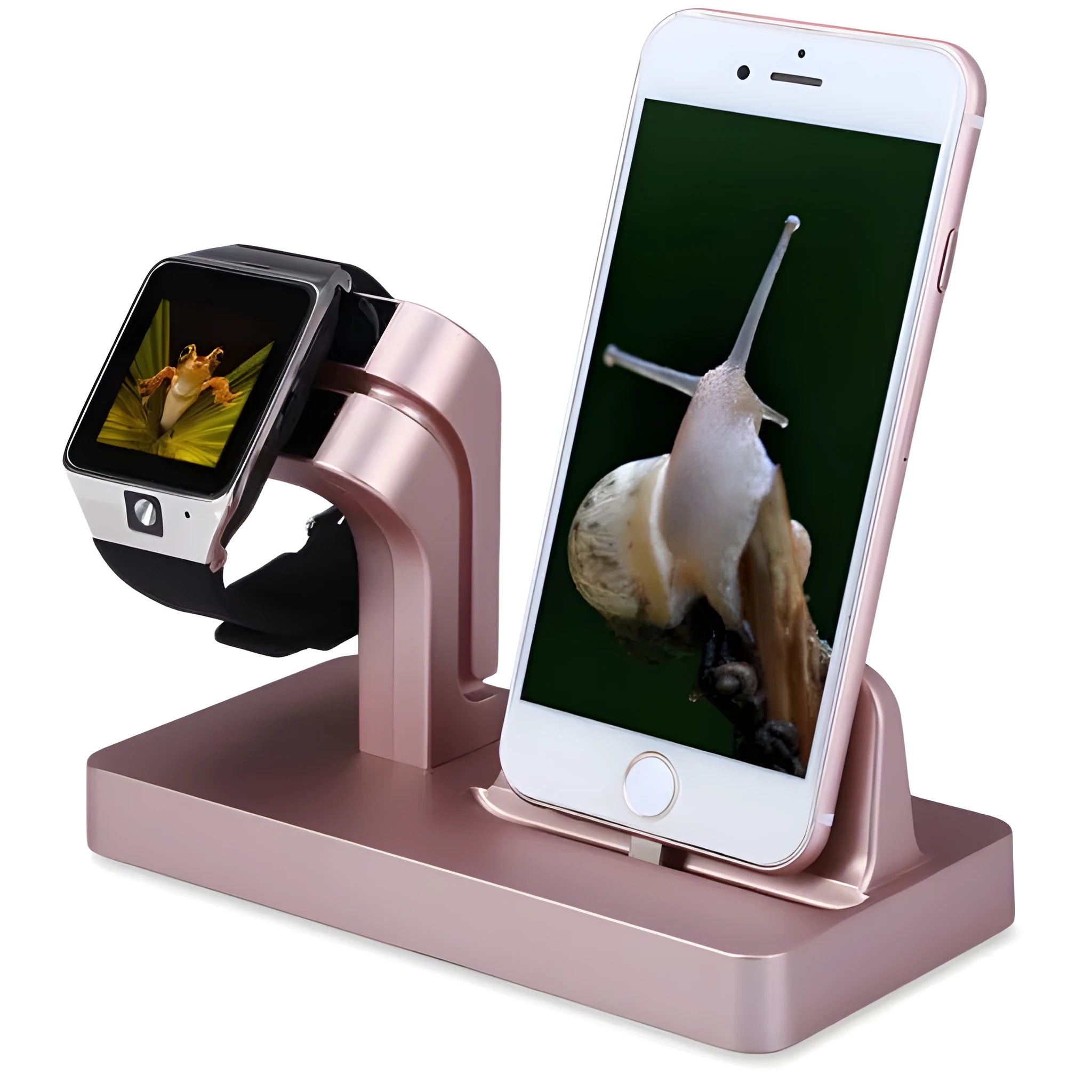 White 2-in-1 charging dock holding an iPhone and an Apple Watch upright on a desk.