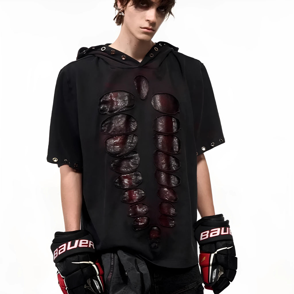 Black men's hooded short-sleeve T-shirt with sequin detailing, loose fit