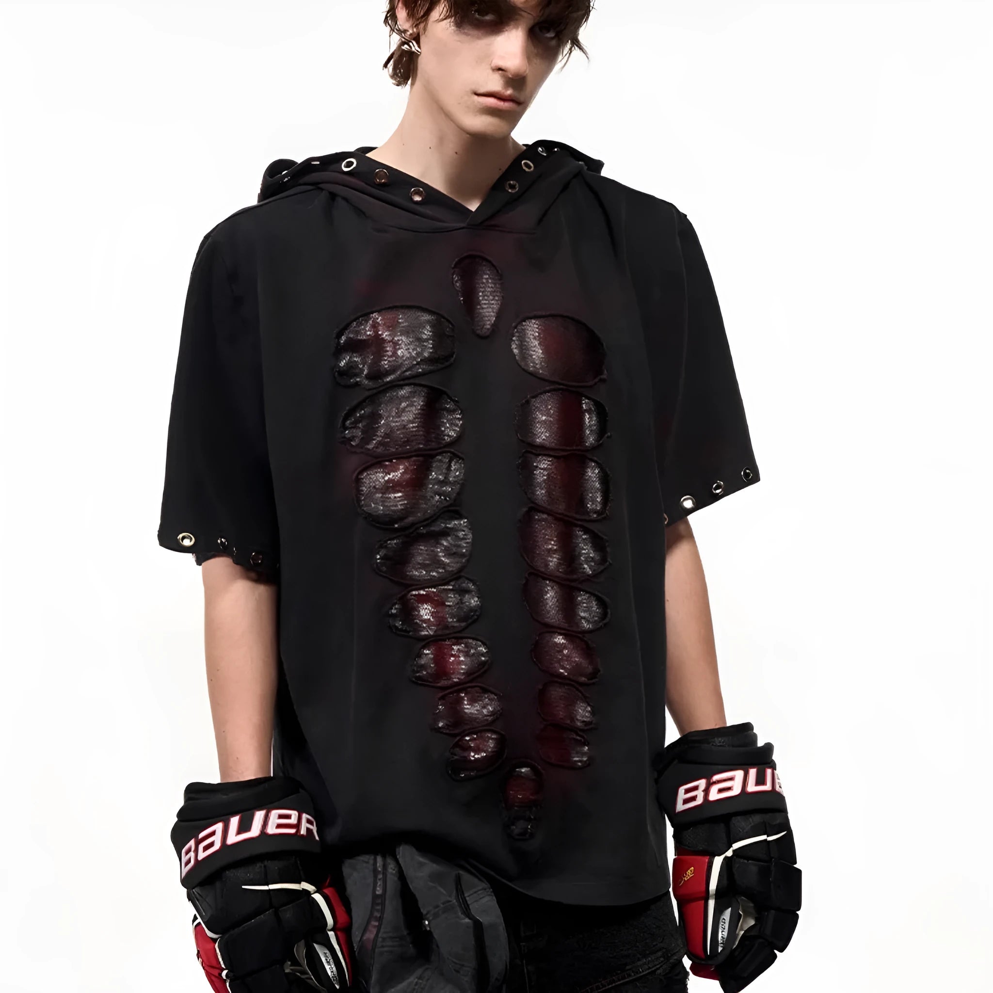Black men's hooded short-sleeve T-shirt with sequin detailing, loose fit