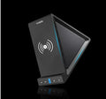 Black multifunction Bluetooth speaker with wireless charging surface and integrated phone stand