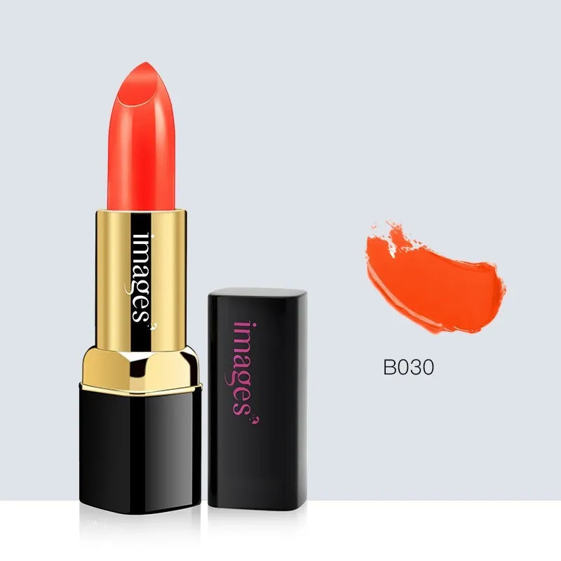 3.8g moisturising lipstick in stick format showing 10 colour options from coral red to retro red