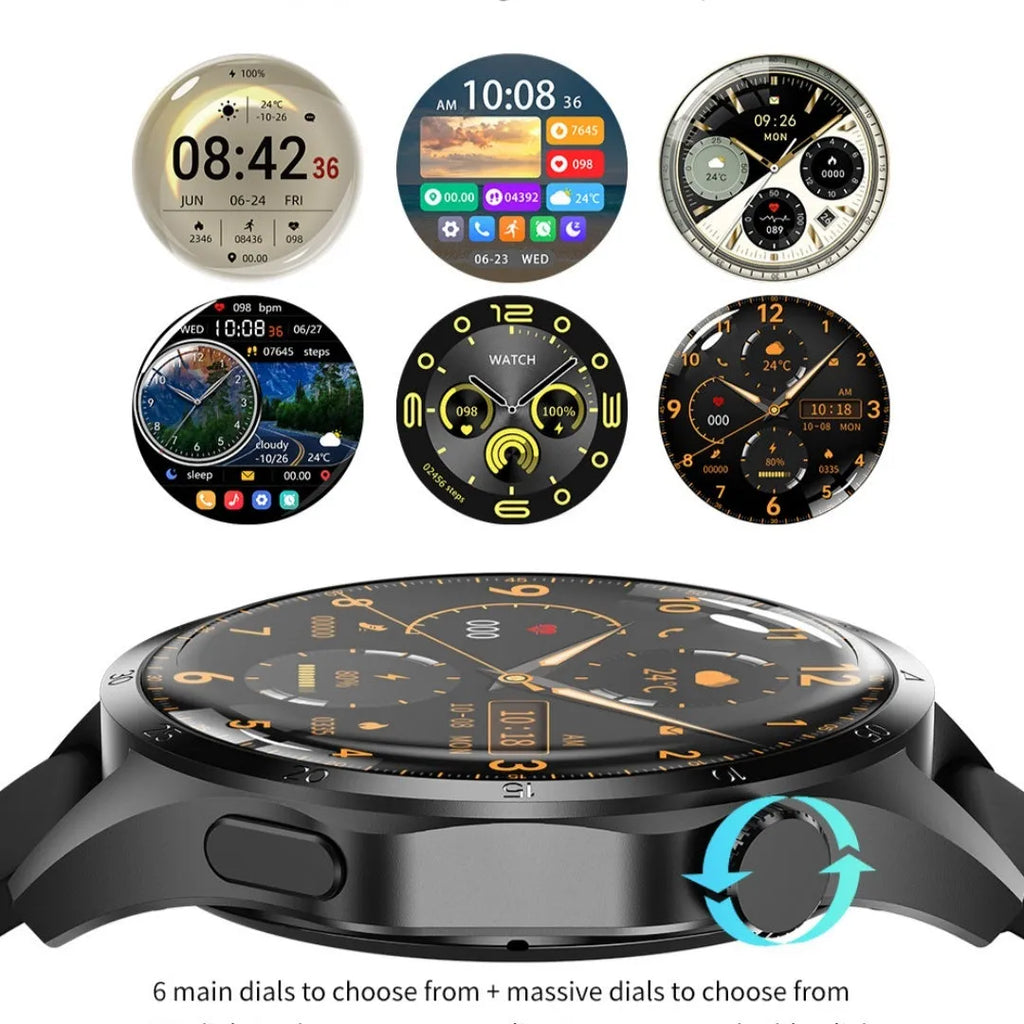 Black Bluetooth smartwatch with TFT touch screen showing health metrics display