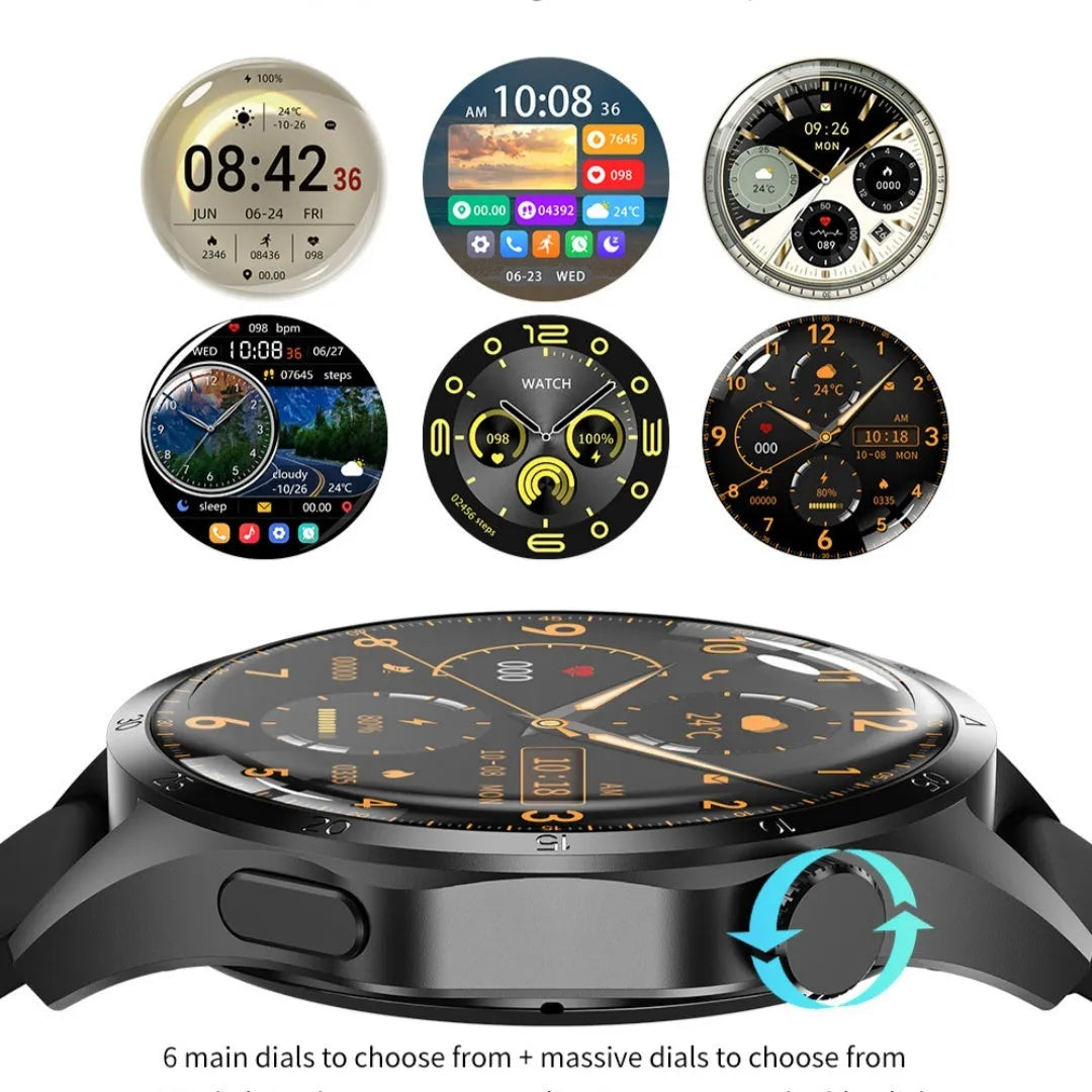 Black Bluetooth smartwatch with TFT touch screen showing health metrics display