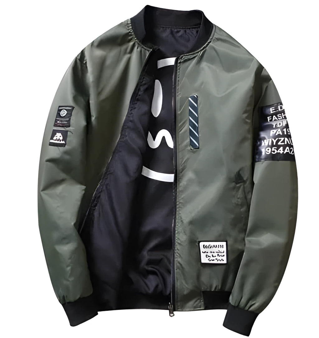 Reversible men's casual flight jacket shown in a striped pattern, with a zip front and collarless design.