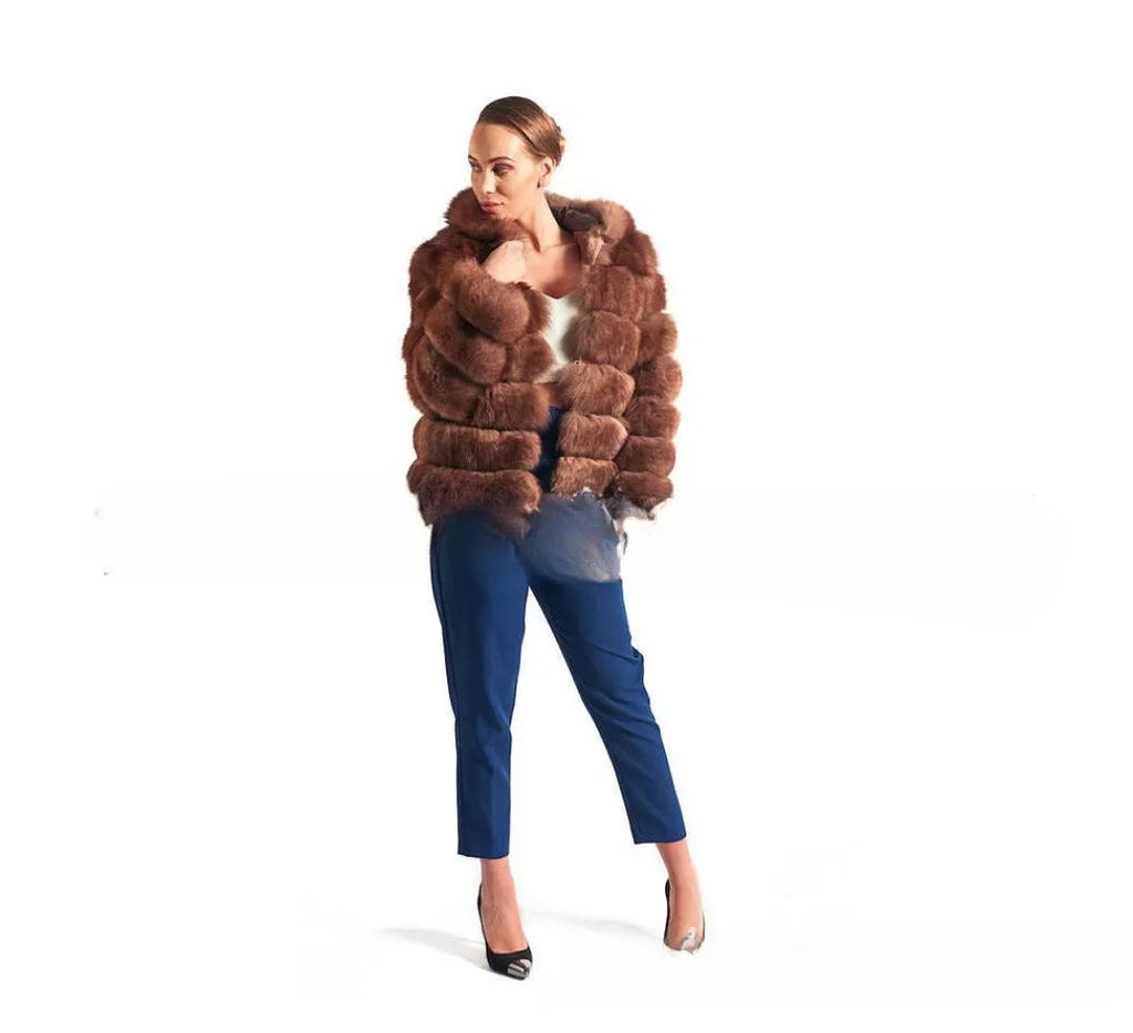 Women's artificial fur hooded coat in street fashion style with 65cm medium length