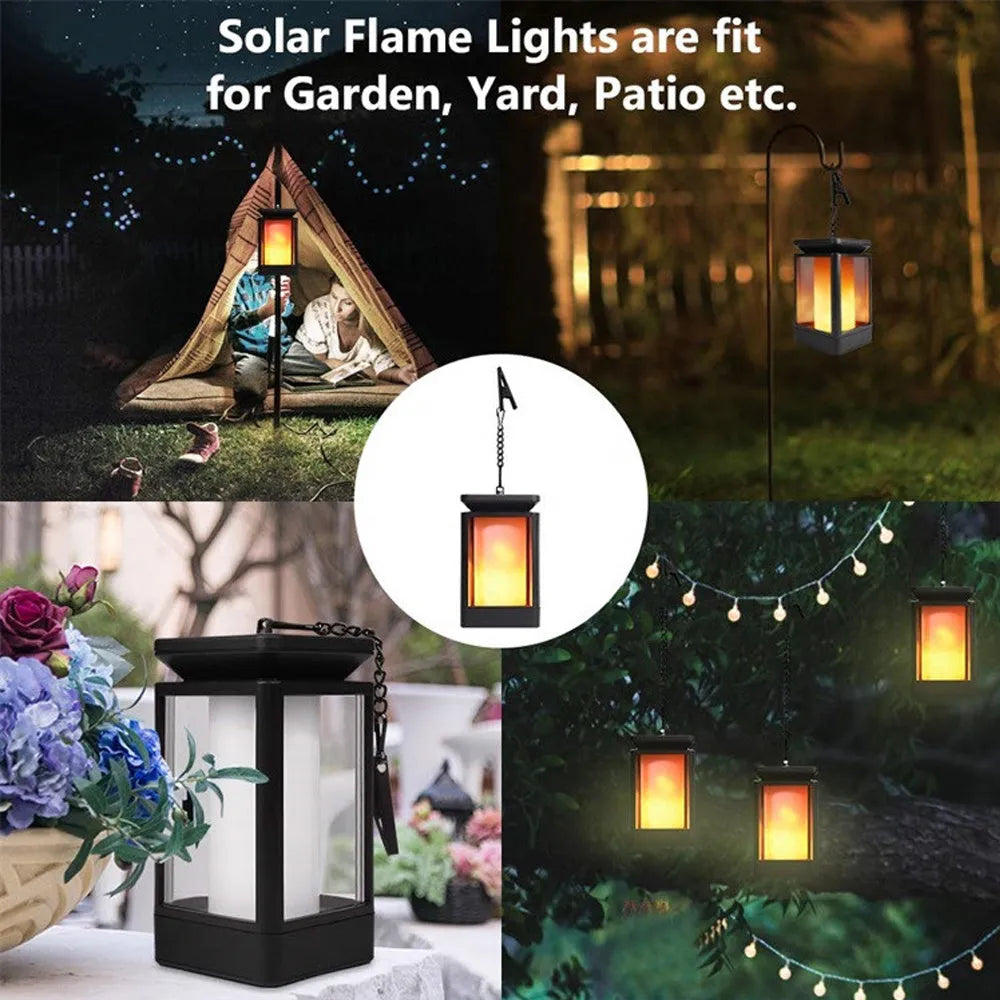 Black antique flame style outdoor solar LED street lamp on a post.