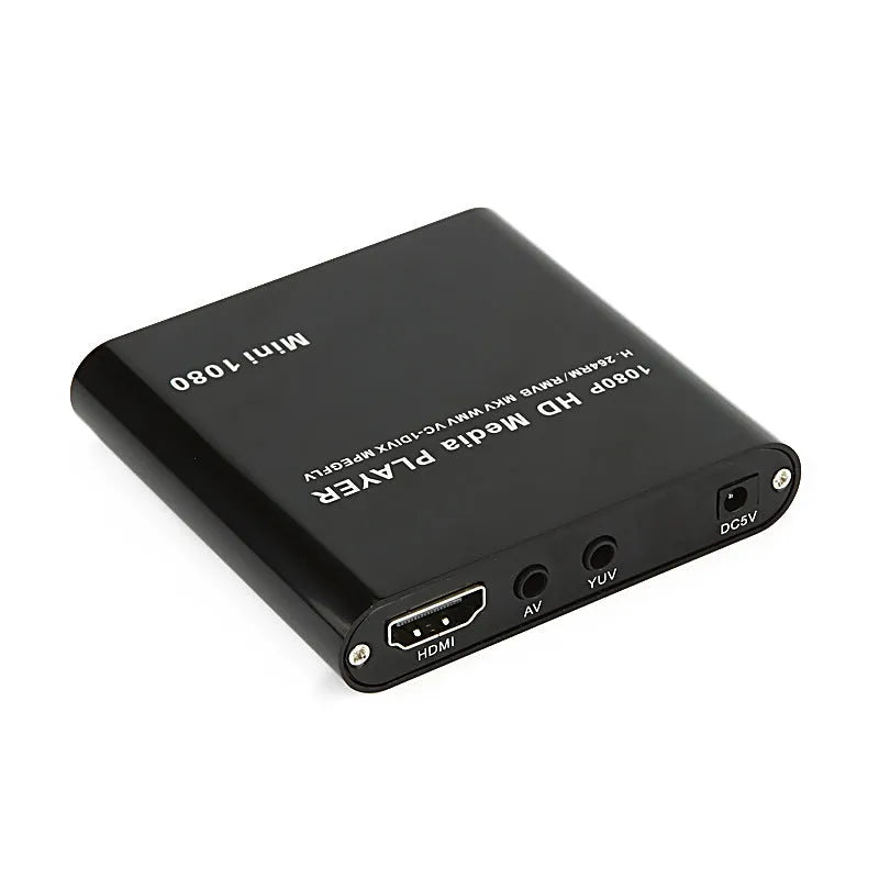 Compact black or blue 1080P Full HD media player with HDMI, SD, and USB ports