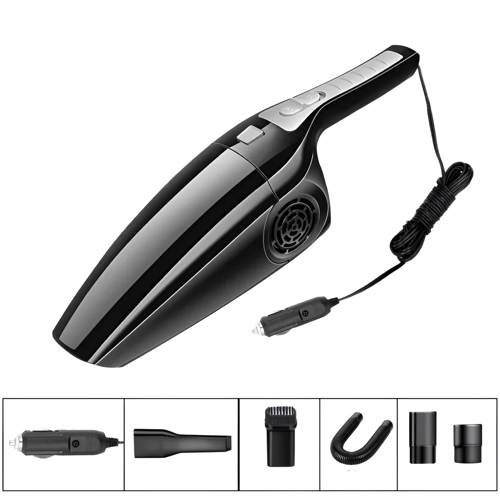 Hypa car vacuum cleaner with cigarette lighter plug and suction hose, black and orange colour options