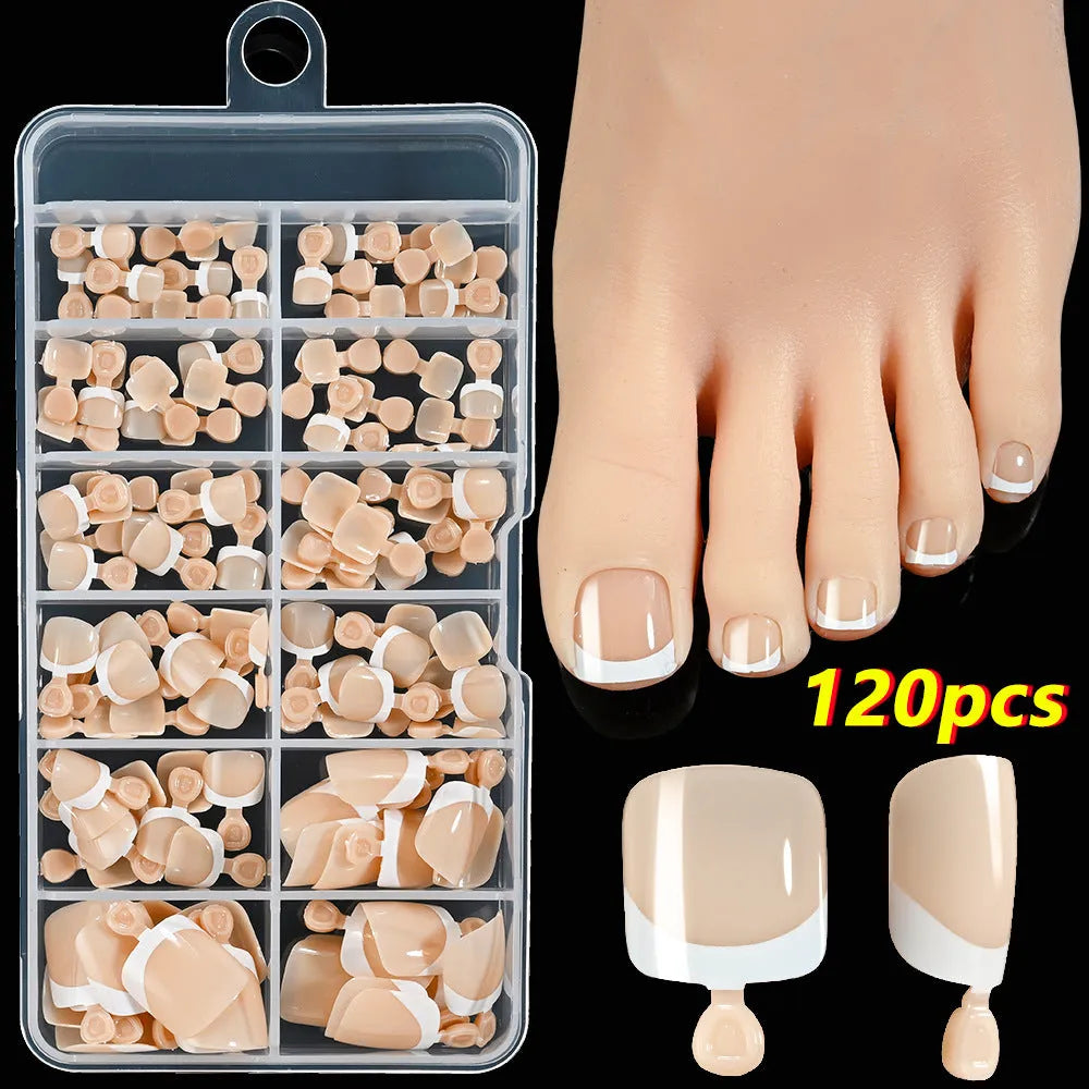 Box of 120 French white tip artificial toenails in nude colours, square short shape.