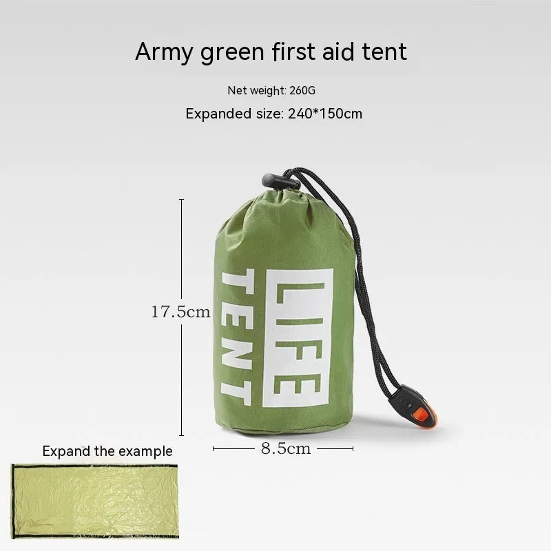 Emergency disaster relief tent kit with orange sleeping bag and whistle survival gear
